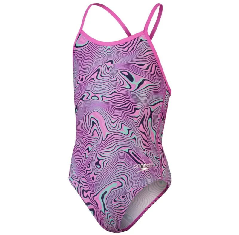 Speedo Girls Allover Digital VBack Neon Reefs Navy/Orchid/Green